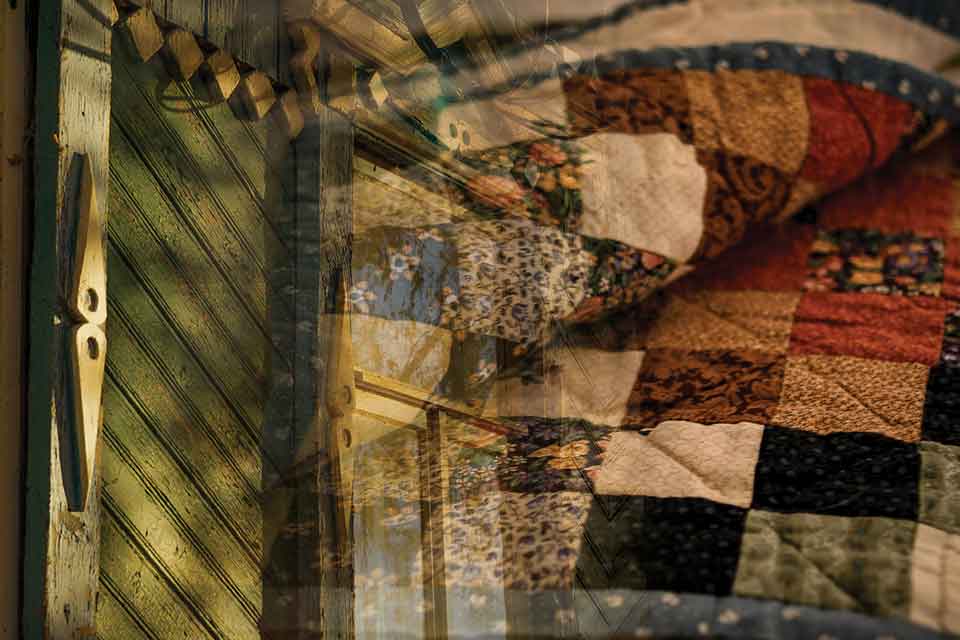 A collage of photograph of a quilt with the corners folded back superimposed over a photograph of a door