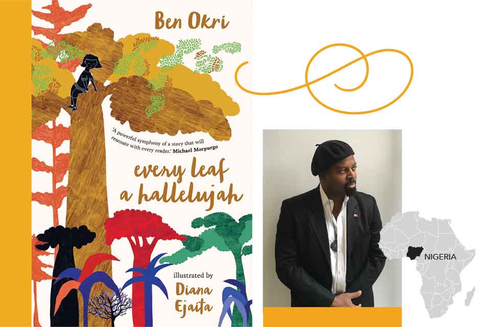 A photograph of Ben Okri juxtaposed with the cover to his book Every Leaf a Hallelujah