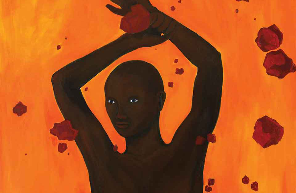 A painting of an unclothed dark-skinned figure with their arms above their head against a bright orange background