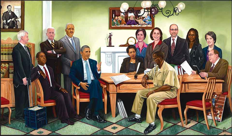 A painting of a number of political figures, including President Barack Obama, meeting with an incarcerated person at the White House