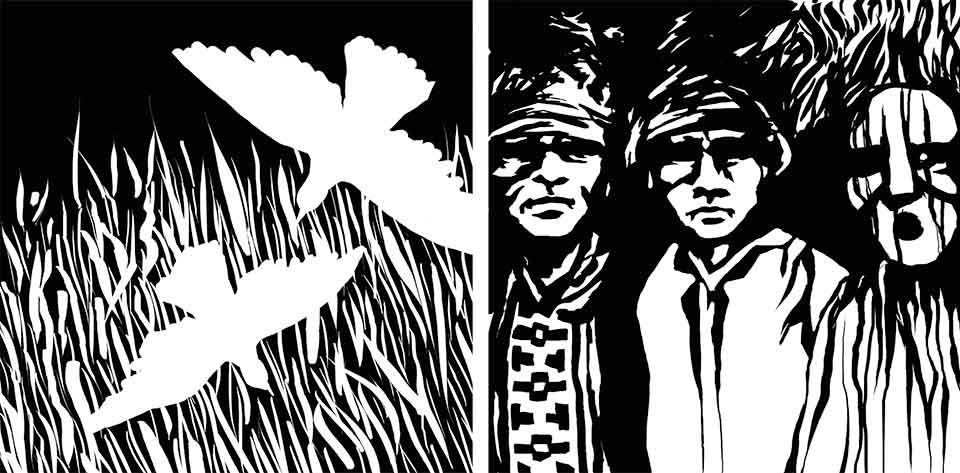 A woodcut style diptych. The left image is of birds flying above grasses and the right is of three figures in ceremonial dress