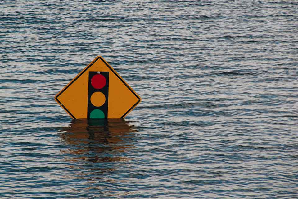 A photograph of a sign with a traffic light on it. The sign is almost completely submerged in water.
