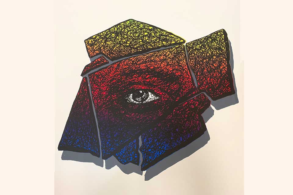 An illustration of an eye on colored tiles
