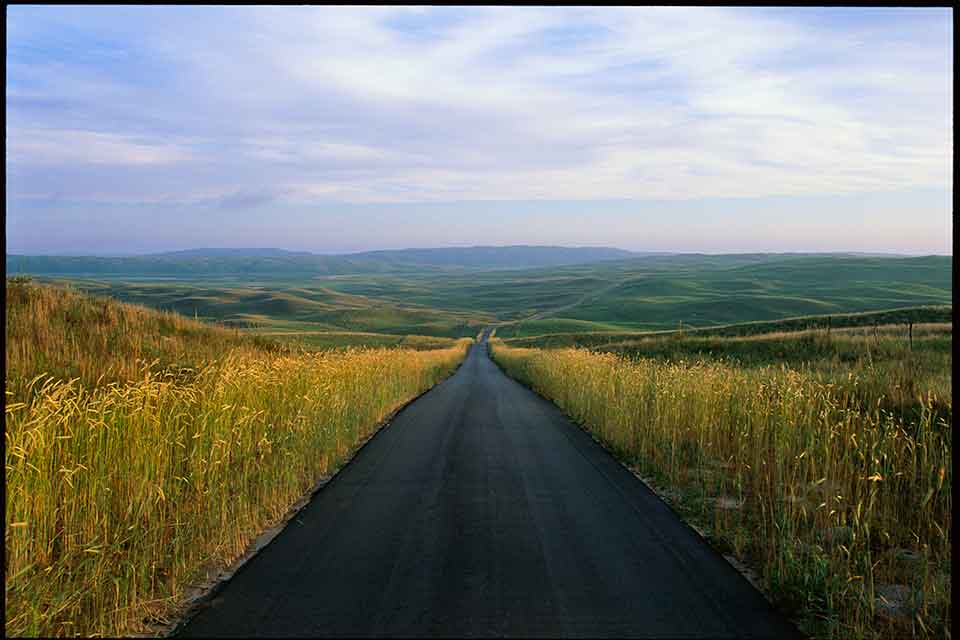 A photograph of a paved highway running down the center to the horizon between planted fields