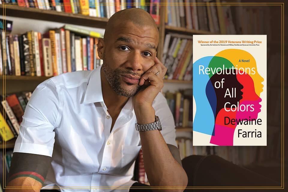 A photograph of Dewaine Farria with the cover to the book Revolution of All Colors