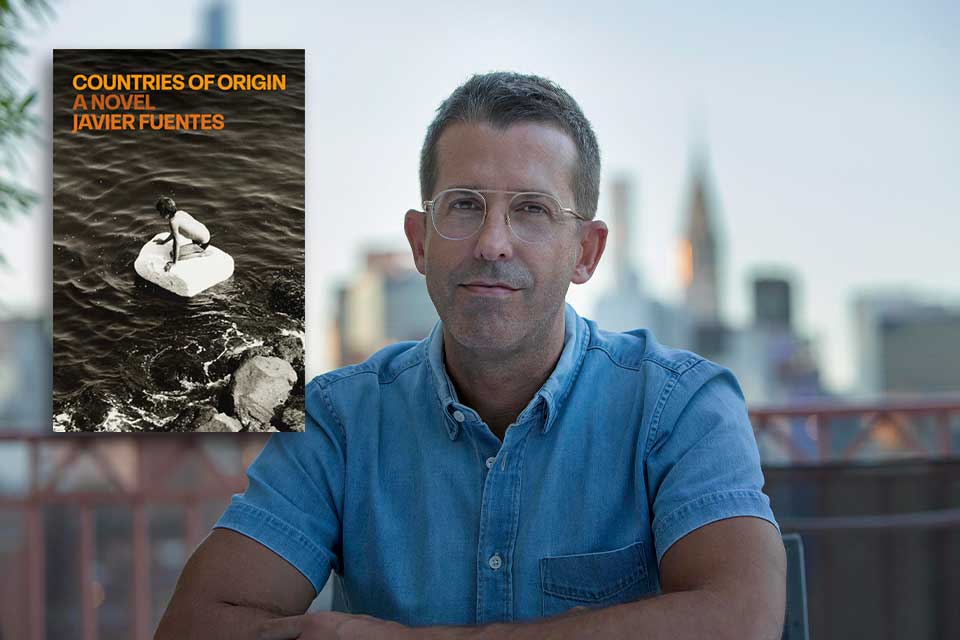 A photograph of Javier Fuentes with a cover to his book Countries of Origin