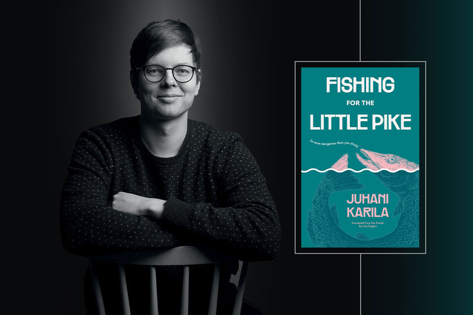A photograph of Karila Juhani along with the cover to his book Fishing for the Little Pike