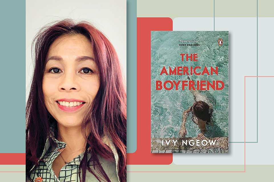 A photograph of Ivy Ngeow and the cover to her book The American Boyfriend