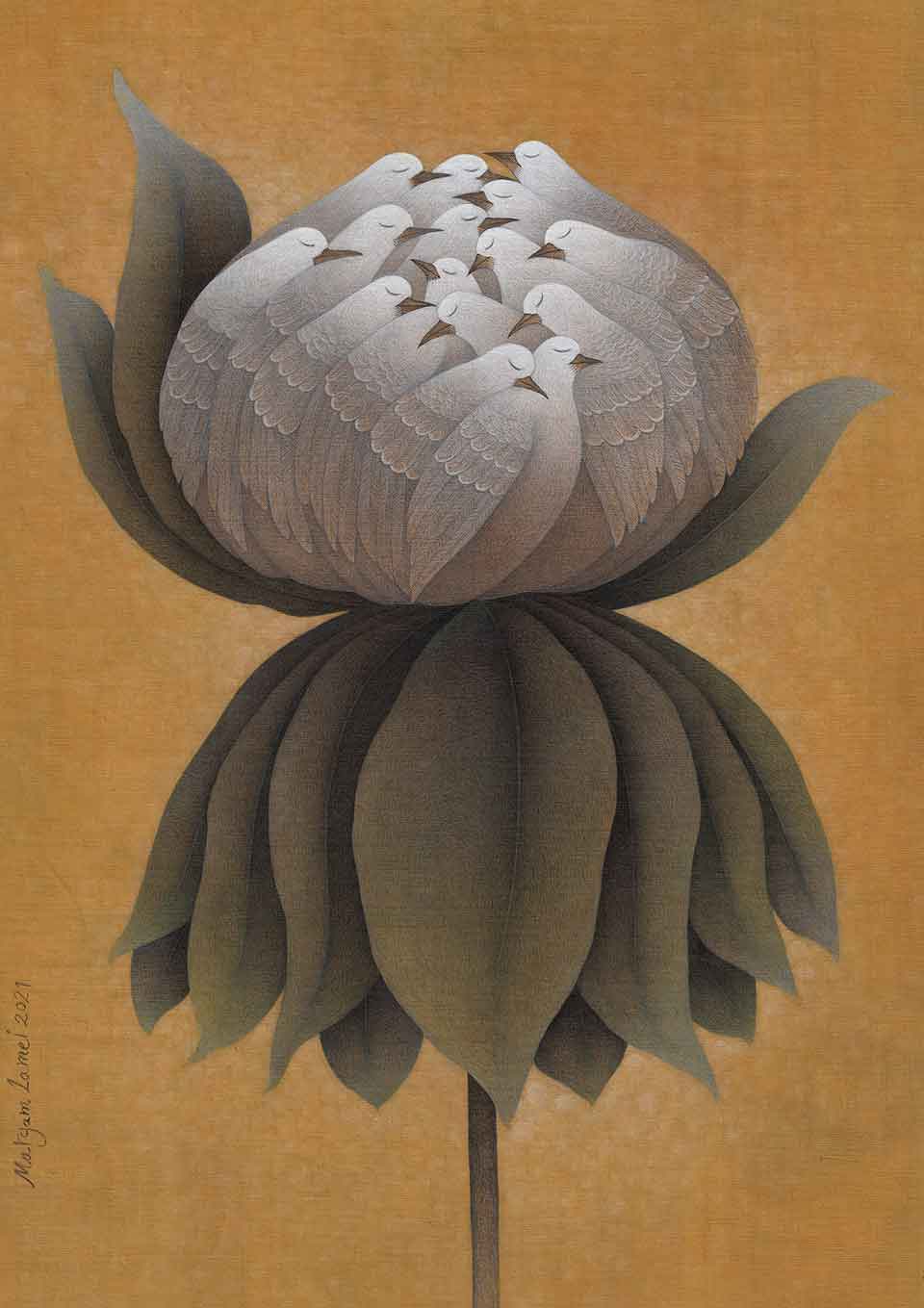 A painting of a flower against a seipa background