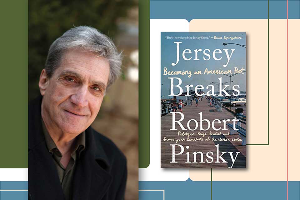 A photograph of Robert Pinsky with the cover to his book Jersey Breaks