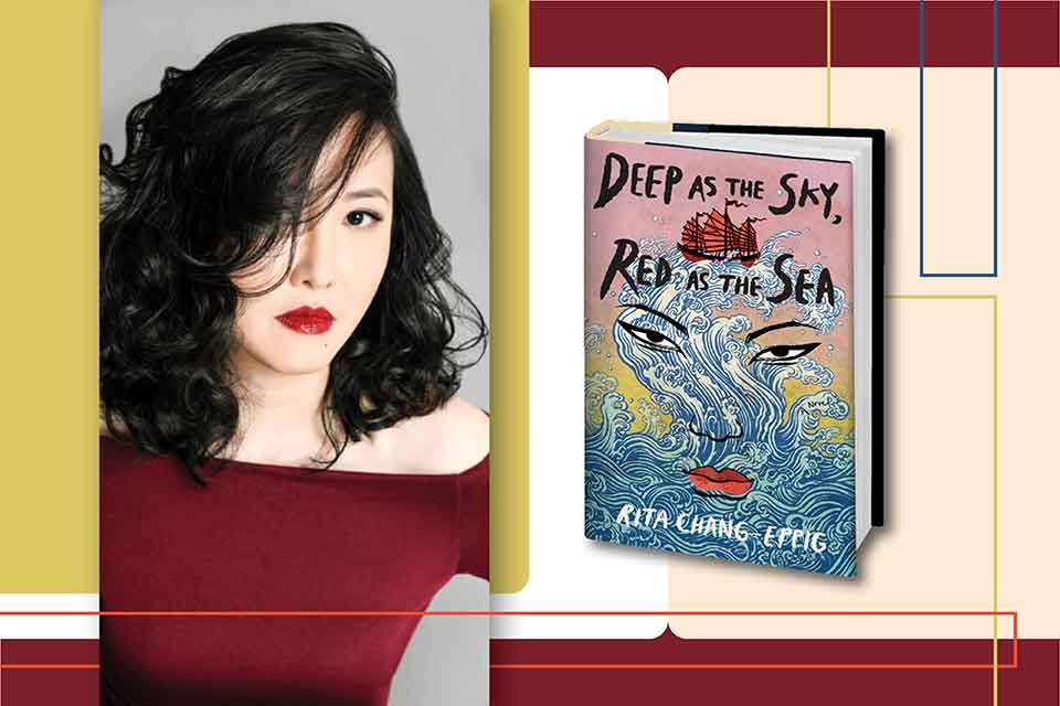 A photograph of Rita Chang-Eppig with the cover to her book Deep as the Sky, Red as the Sea