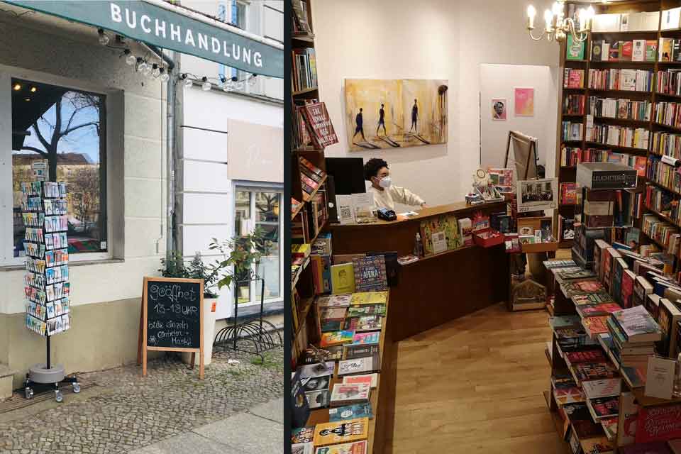 A diptych. The left image shows the exterior of a bookstore and the right image, its interior