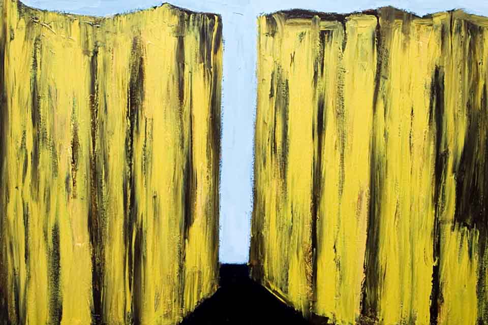 A painting of two tall cliffs, rendered in yellow