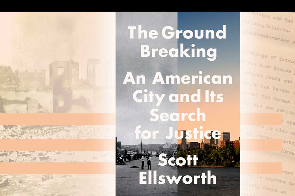 The cover to Scott Ellsworth's The Ground Breaking superimposed over a typewritten eyewitness account of the massacre