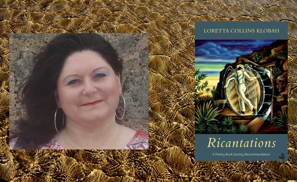 Loretta Klobah juxtaposed with the cover to her book Ricantations