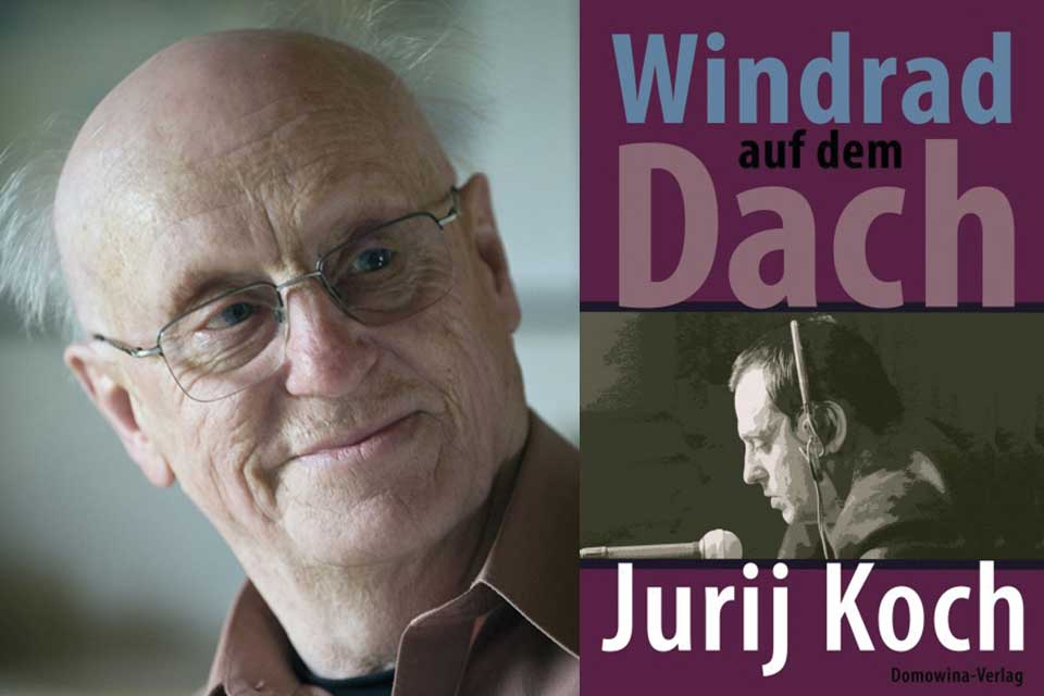 A photograph of Jurij Koch juxtaposed with the cover to his book Windrad auf dem Dach