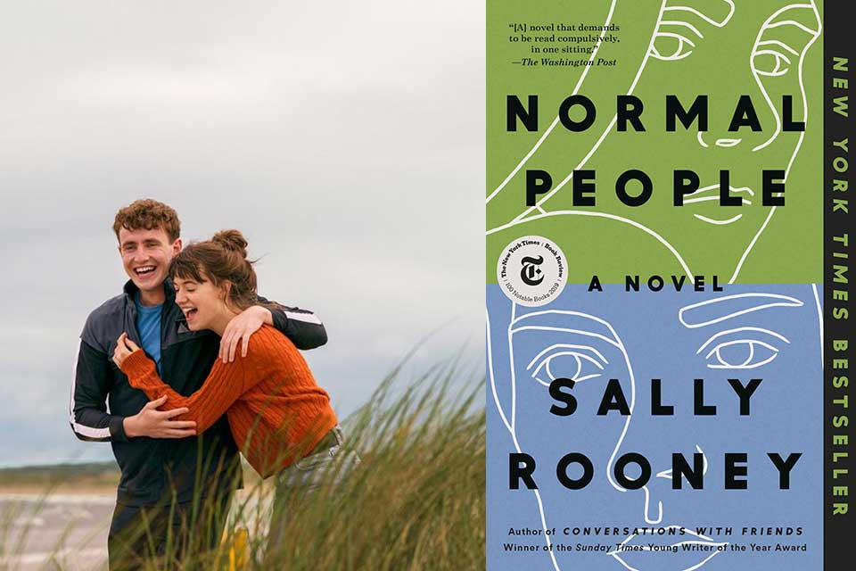 A photograph of two young people laughing and embracing juxtaposed against the cover to Sally Rooney's Normal People