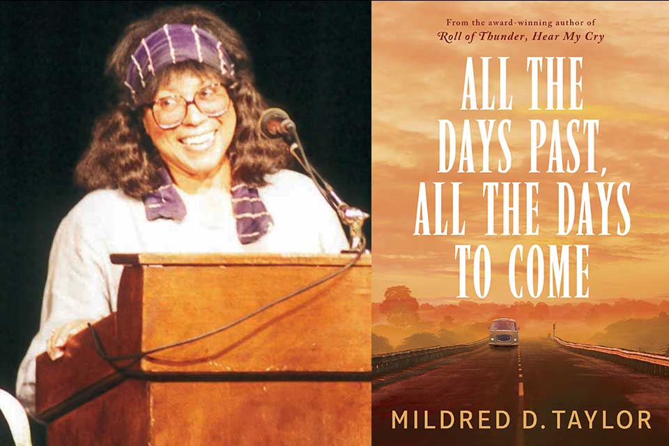 A photograph of Mildred Taylor juxtaposed with the cover to her book All the Days Past, All the Days to Come