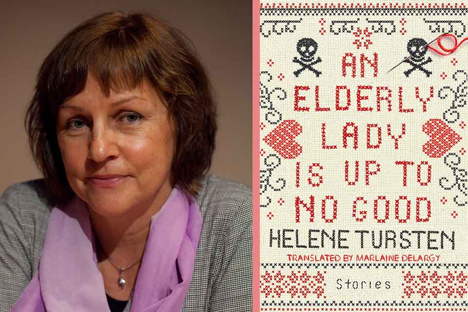 A photograph of Helene Tursten juxtaposed with the cover of her book An Elderly Lady Is Up to No Good