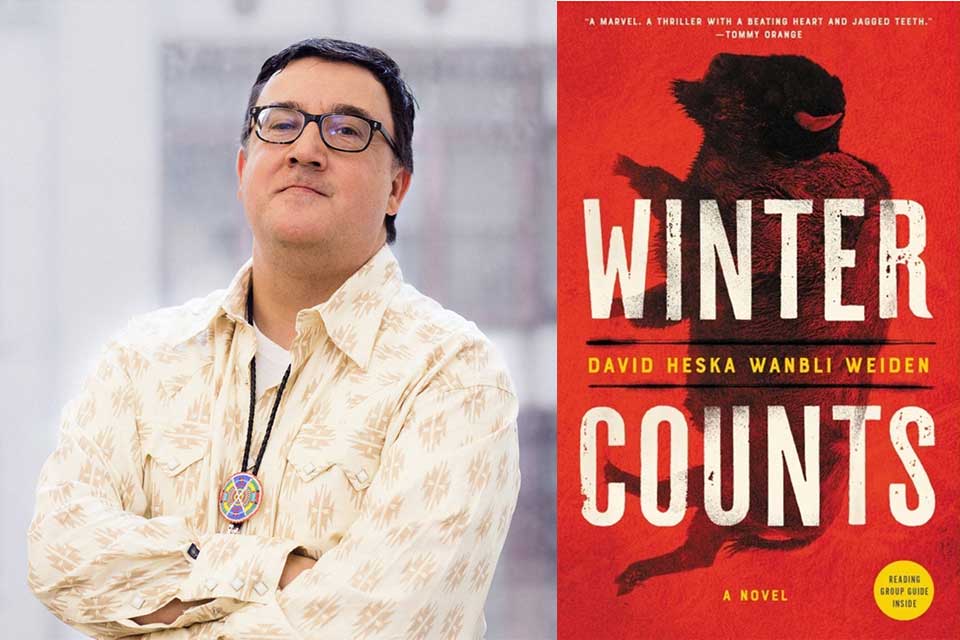 A photograph of David Weiden juxtaposed with the cover to his book Winter Counts