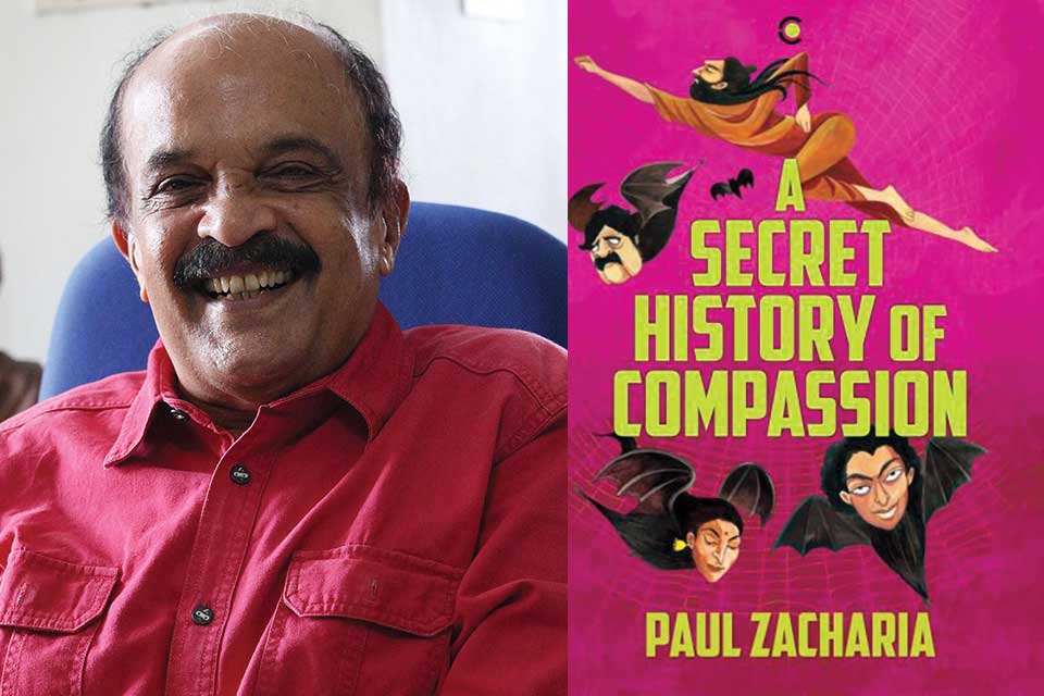 A photo of Paul Zacharia juxtaposed with the cover to his book The Secret History of Compassion