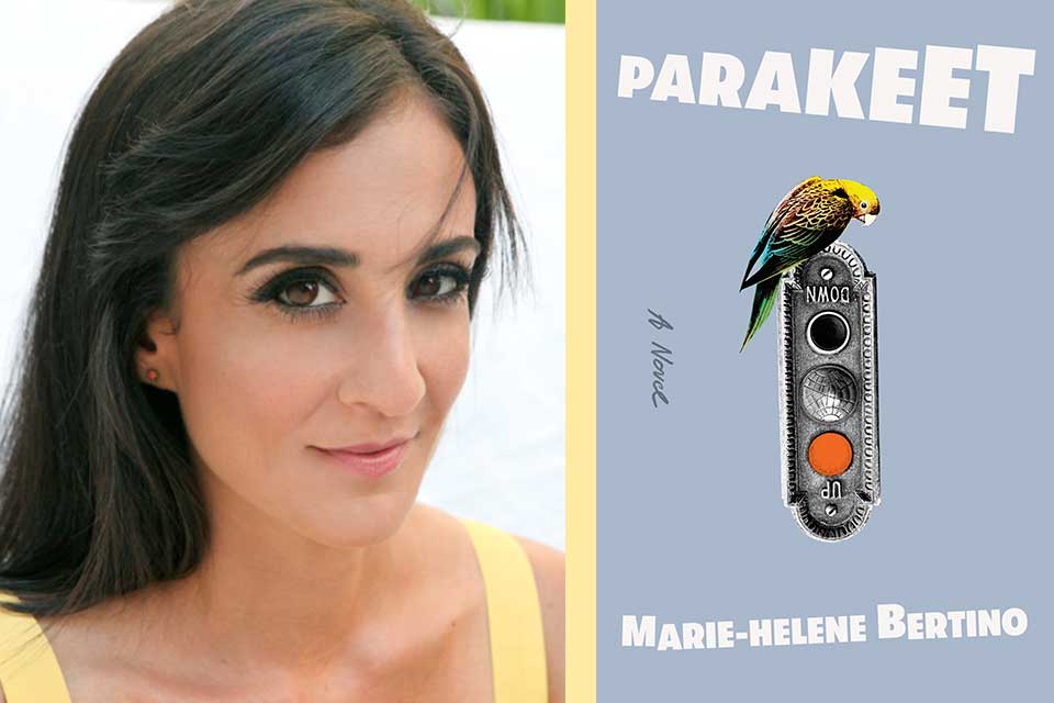 A photo of Marie-Helene Bertino juxtaposed with the cover to her book, Parakeet