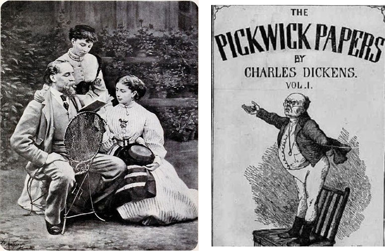 Dickens reading to his daughters. Right: Pickwick Papers cover