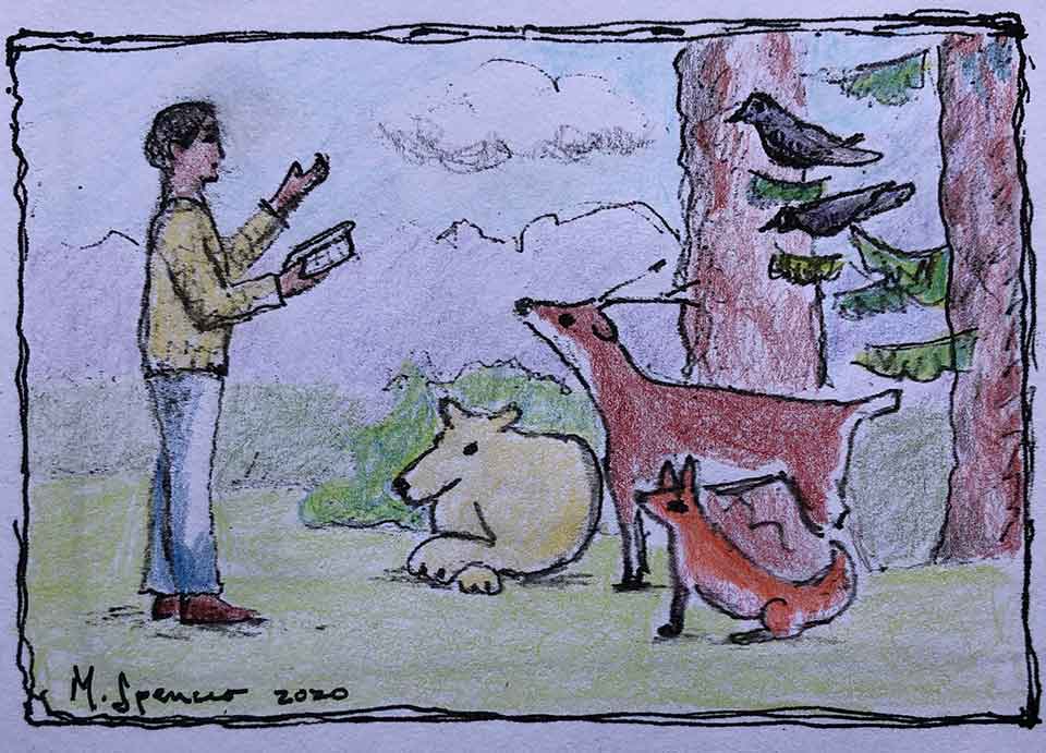 A crayon drawing of a human being reading to forest animals