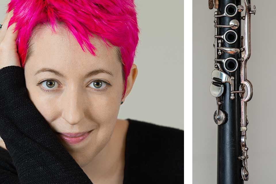 A photo of Marie Ross juxtaposed with a photograph of a clarinet