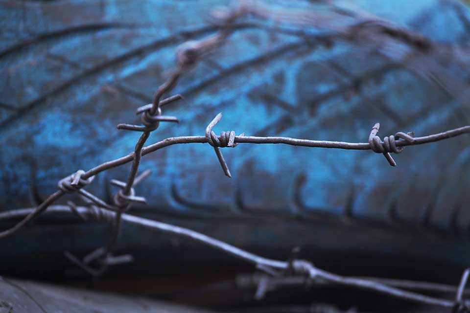 A photograph of a skein of barbed wire against an icy blue background