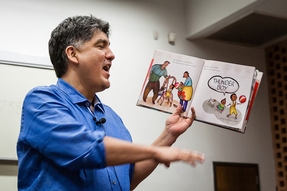 Sherman Alexie doing a lively reading of his children’s book Thunder Boy Jr. on the ASU Tempe campus.