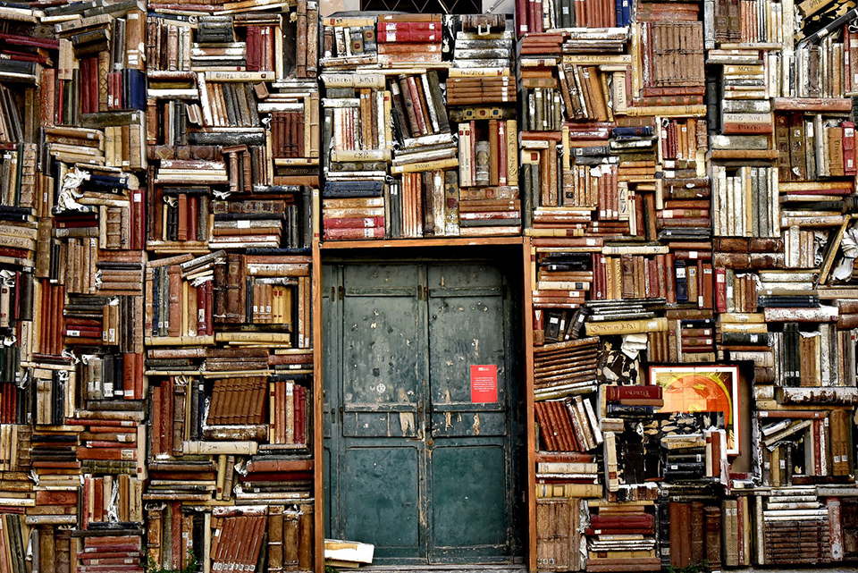 A wall of books with a blue door.