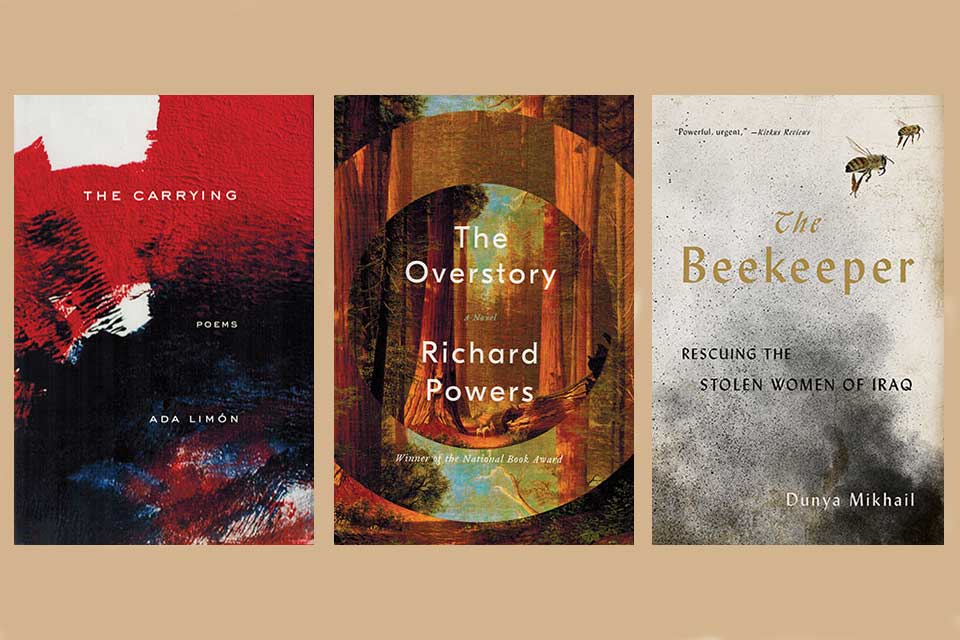 The covers to The Carrying, The Overstory, and The Beekeeper juxtaposed in a tryptich