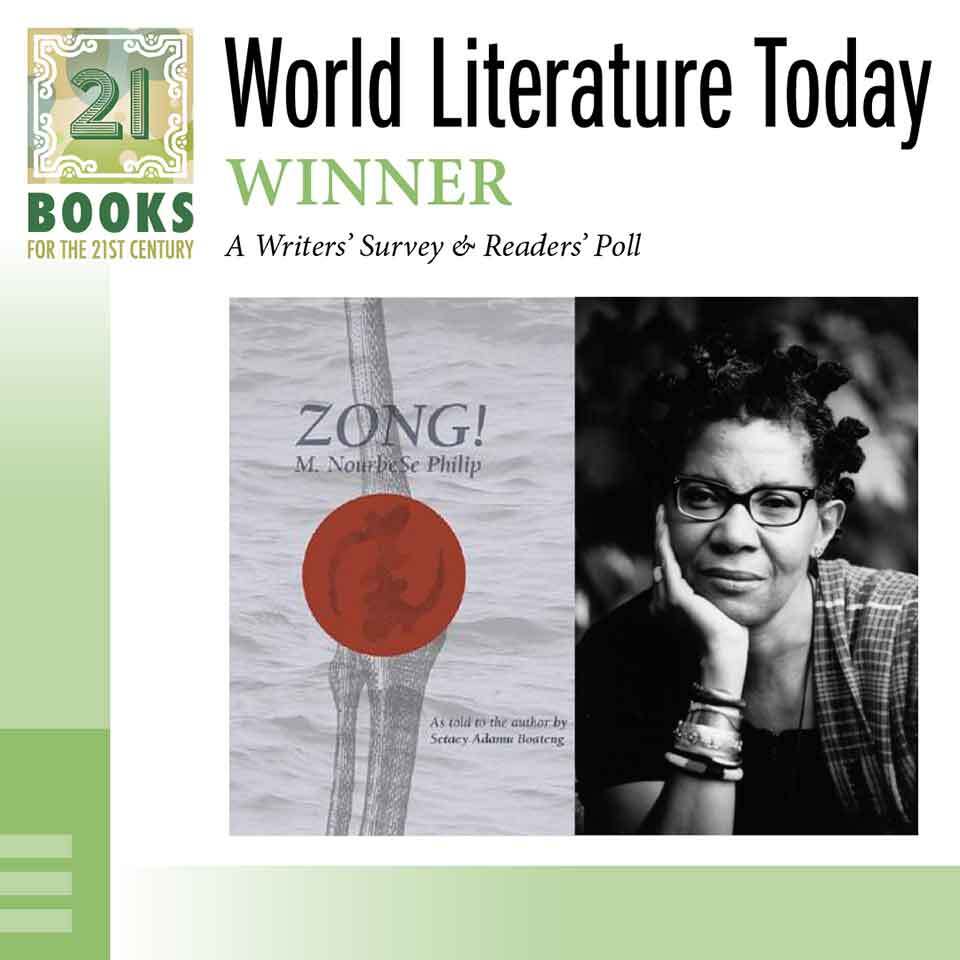 A photograph of M. NourbeSe Philip juxtaposed with the cover to their book Zong! set inside the WLT 21 Books of the 21st Century logo dress