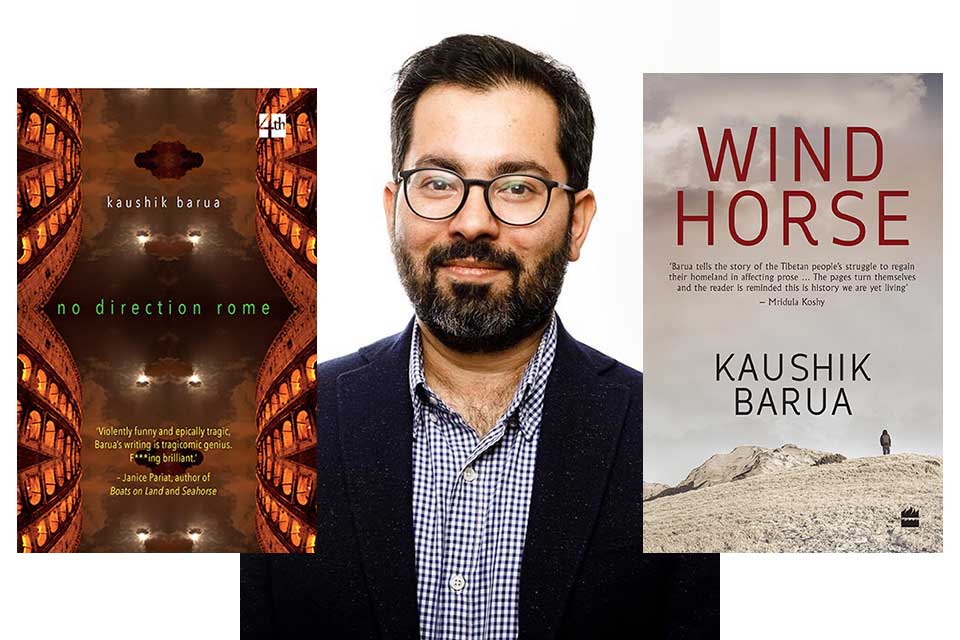A photograph of Kaushik Barua bookended by the covers to his books Wind Horse and No Direction Rome