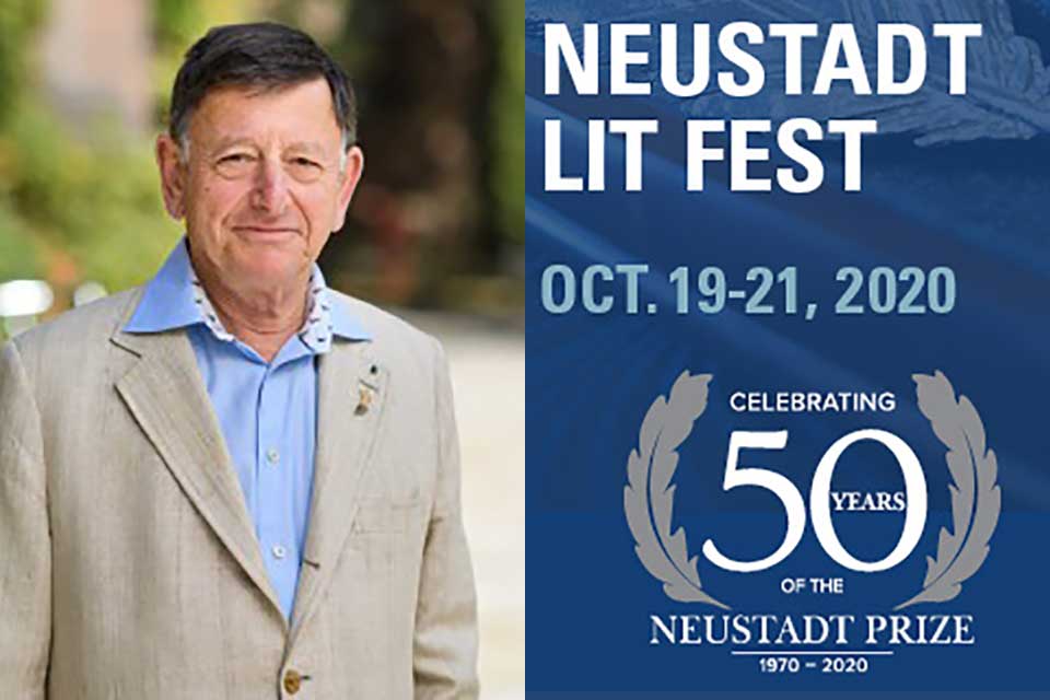 A photograph of author David Bellos juxtaposed with a logo for the Neustadt Lit Fest