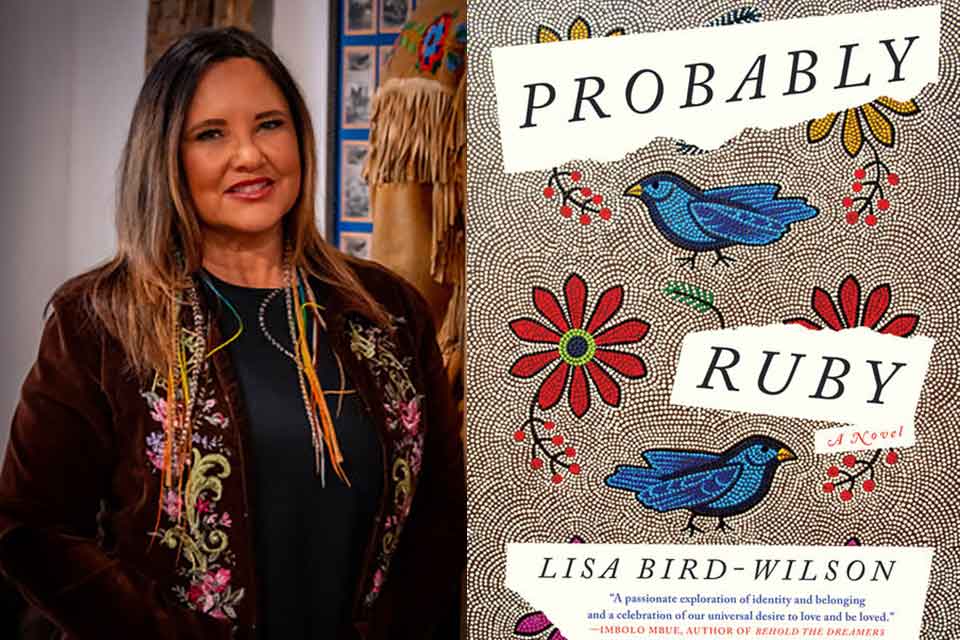 A photograph of Lisa Bird-Wilson juxtaposed with the cover to her book Probably Ruby