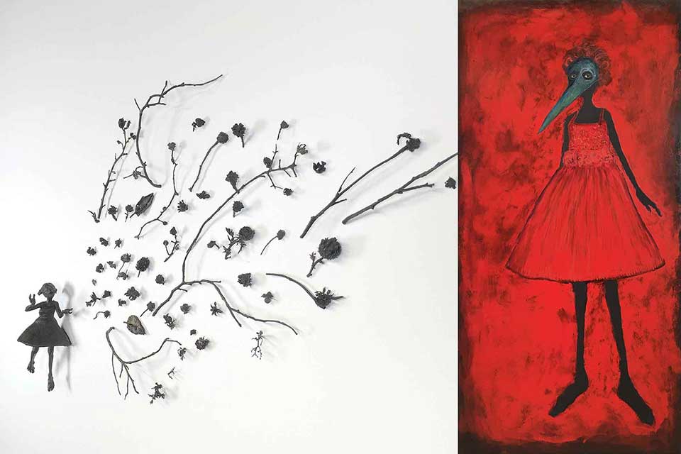 Two paintings juxtaposed. The image on the left shows a female image in black with flowers emerging from her hand against a white canvas. On the right, a female figure with a bird's head against a red background