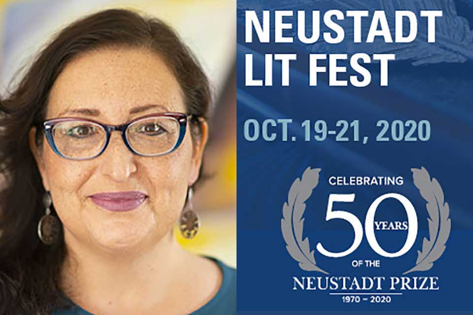 A photo of NSK juror Monica Brown juxtaposed with the logo for the 50th anniversary Neustadt Lit Fest