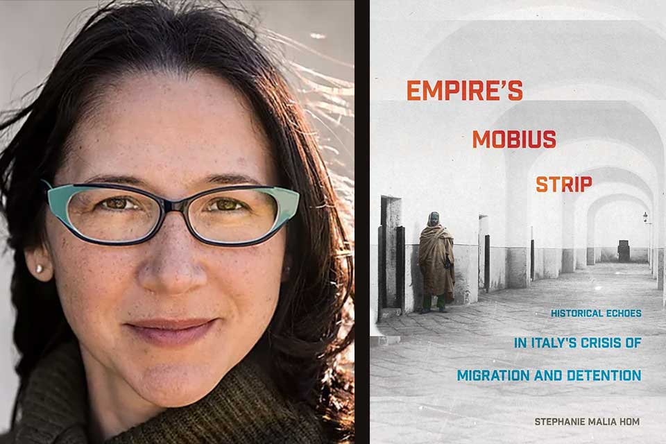 A photo of Stephanie Malia Hom juxtaposed with the cover of her book Empire's Mobius Strip