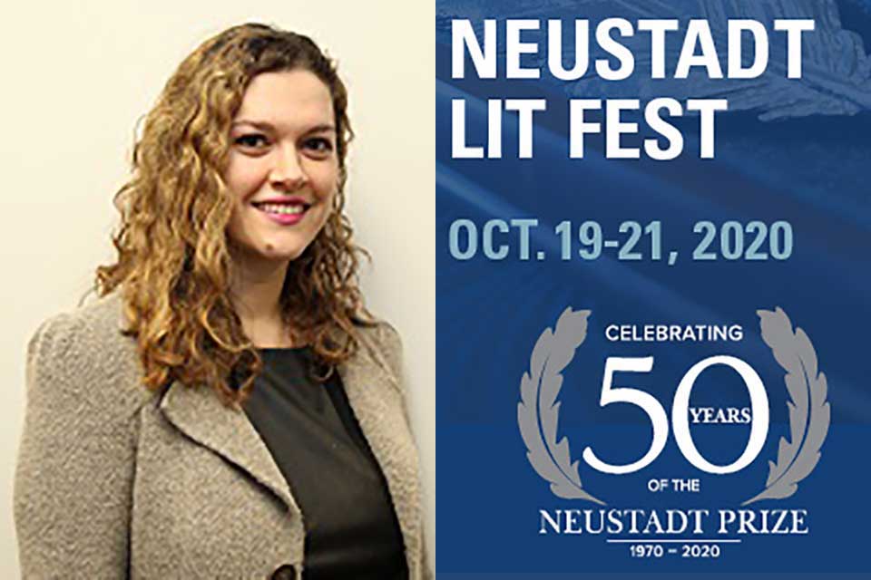 A photograph of Ani Kokobobo juxtaposed with the logo for the 50th anniversary Neustadt Lit Fest
