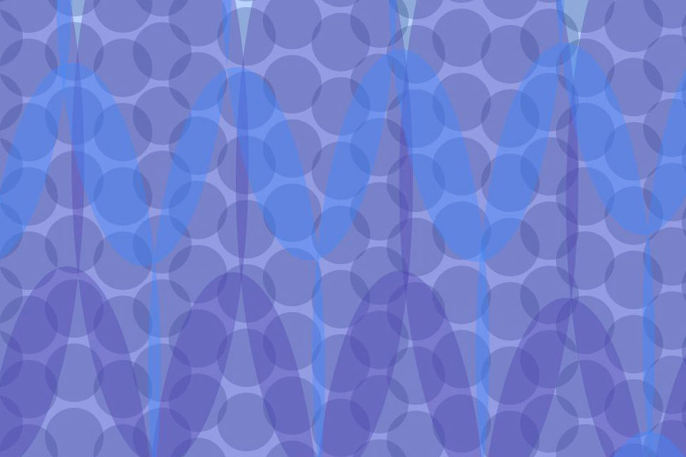 An abstract image composed of blue dots and violet curves on a purple background