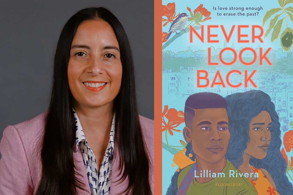 A photograph of Lilliam Rivera juxtaposed with the cover to her book Never Look Back