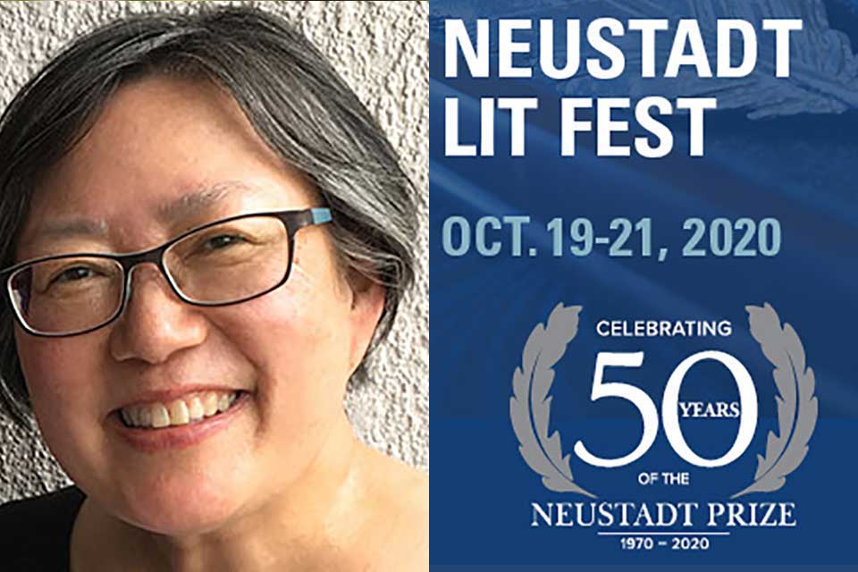 A photograph of author Janet Wong juxtaposed with the logo for the 50th Anniversary Neustadt Lit Fest logo