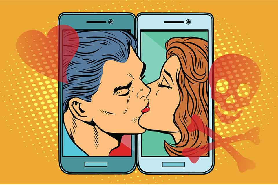 An illustration showing two faces kissing as they emerge from smart phones