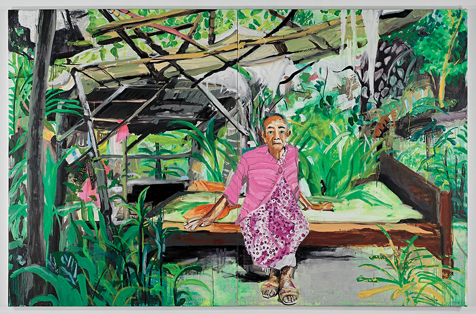 An oil painting of an old woman sitting on a bed in a lean-to.