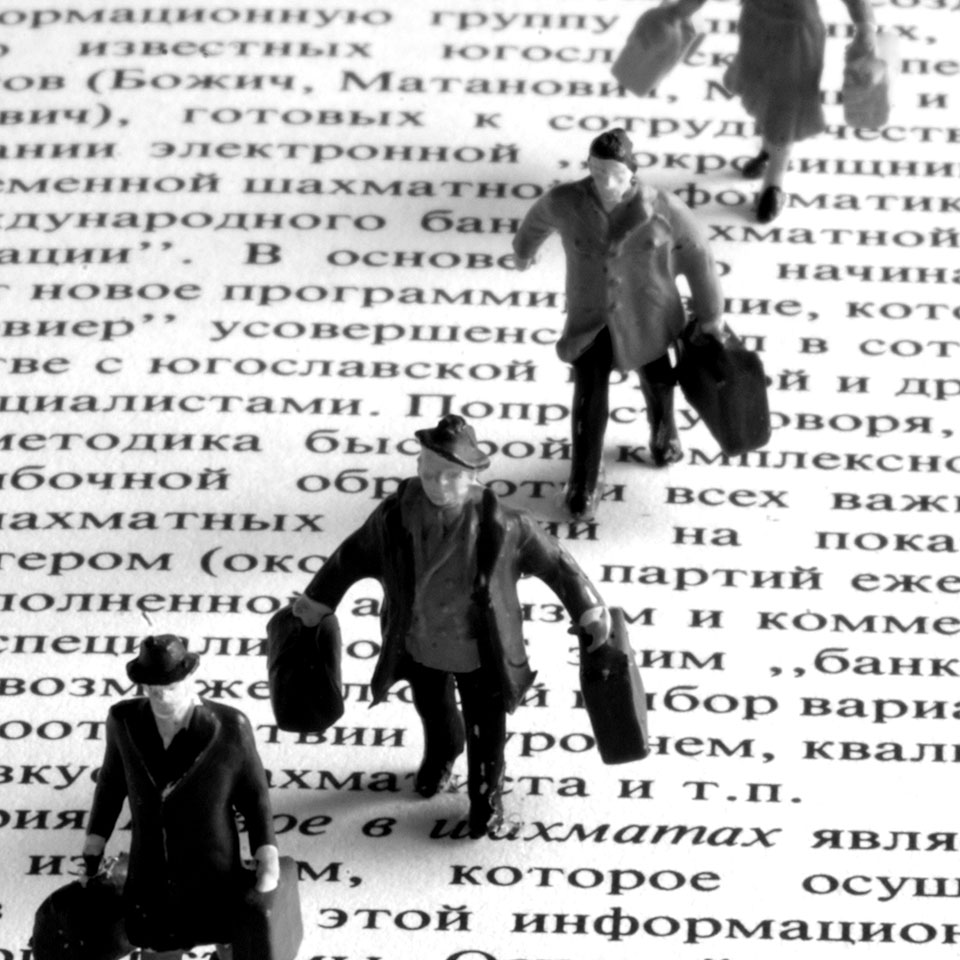 Lost in Translation illustration of figures walking on Russian text.