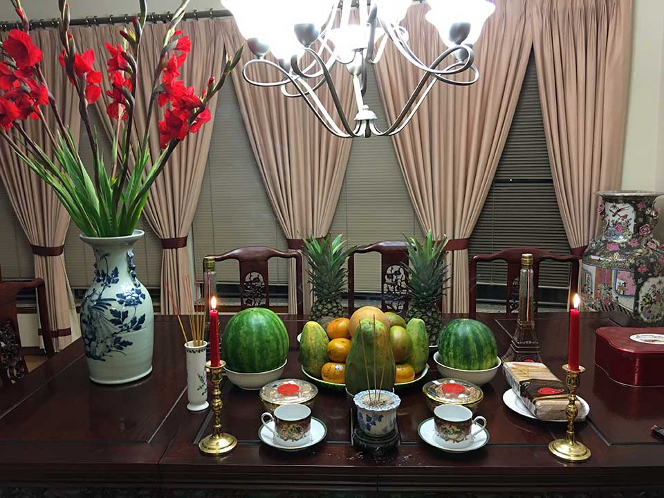 An ornately set table for the Vietnamese Lunar New Year