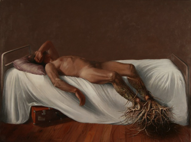 Naman Hadi, Le Déraciné (1984), oil on canvas, 132 x 197 cm, <a href="http://namanhadi.com ">http://namanhadi.com</a>
