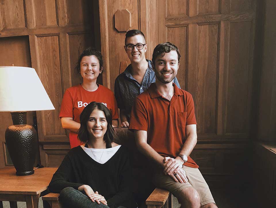 A photo of The Student Advisory Board officers for 2018–2019 (clockwise from top): Reid Bartholomew, James Farner, Kayla Ciardi, and Abi Clarke
